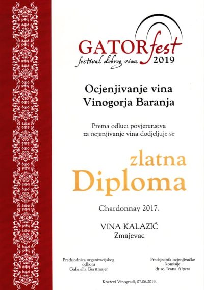 Chardonnay 2017 | ZLATNA DIPLOMA NA GATOR FEST-u 2019