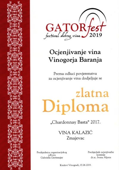 Chardonnay Basta 2017 | ZLATNA DIPLOMA NA GATOR FEST-u 2019